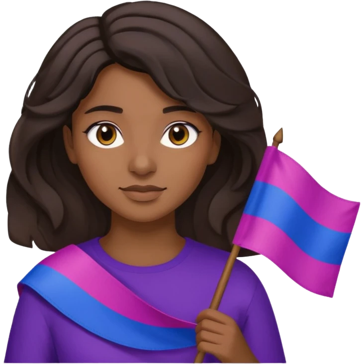 eu com a bandeira bissexual, sou morena, com cabelos negros que vão até a altura dos ombros levemente ondulados, olhos castanhos, emoji