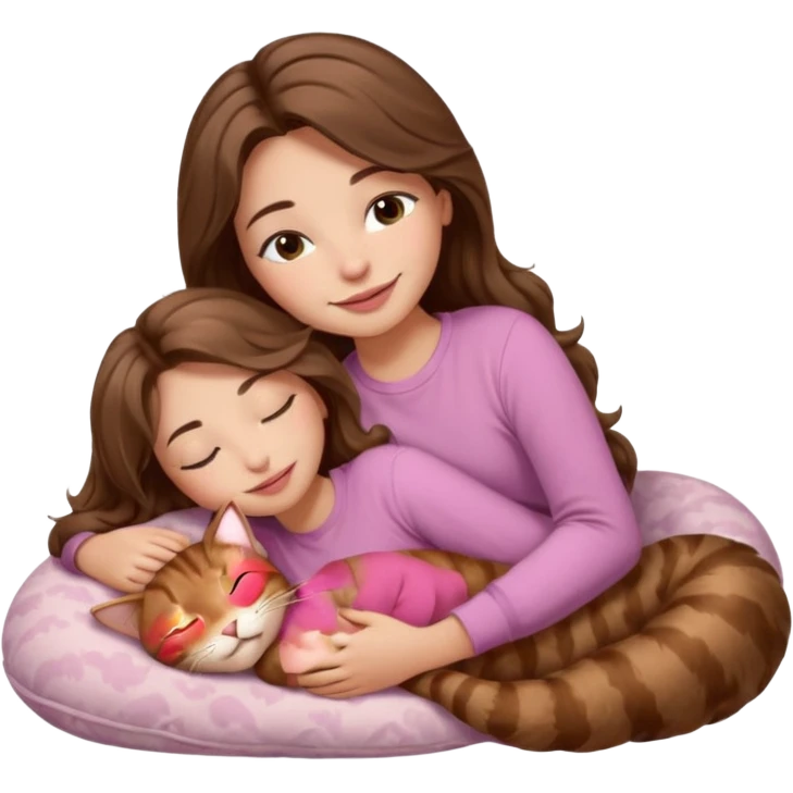 girl with wavy long brown hair, brown eyes, light to medium complexion, long lashes, light pink lipstick, smiling, wearing light pink shirt, sleeping on a cozy pillow, cuddling a brown tabby cat  emoji