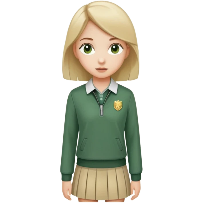 girl in a school uniform wearing a green polo, beige skirt, grey zipper jacket emoji