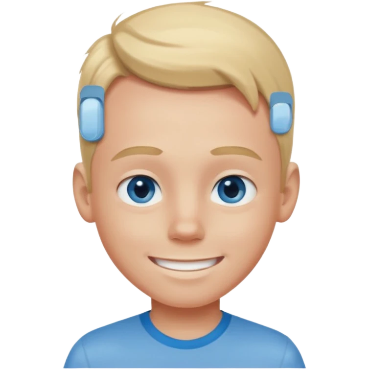 blonde-haired, blue-eyed young boy, big forehead, smiling, pale skin with subtle red flush from tanning bed, wearing a grey button shirt emoji