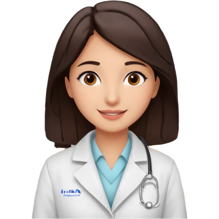 Emoji of a pharmacist girl named Hiba. She is standing in a pharmacy, wearing a white coat, with long straight dark brown hair, brown eyes, and a friendly smile. Please write her name ‘Hiba’ on it emoji