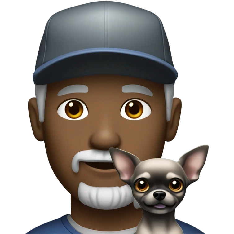 Man with blue eyes grey hair and grey goatee, wearing ball cap, holding long hair black chihuahua emoji