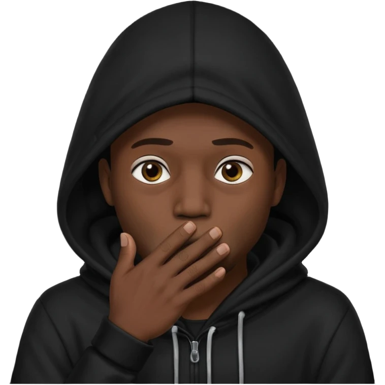fait un homme avec une cagoule noir qui couvre sa tête, ses mains doivent être sur sa bouche comme si il se la cachait  emoji