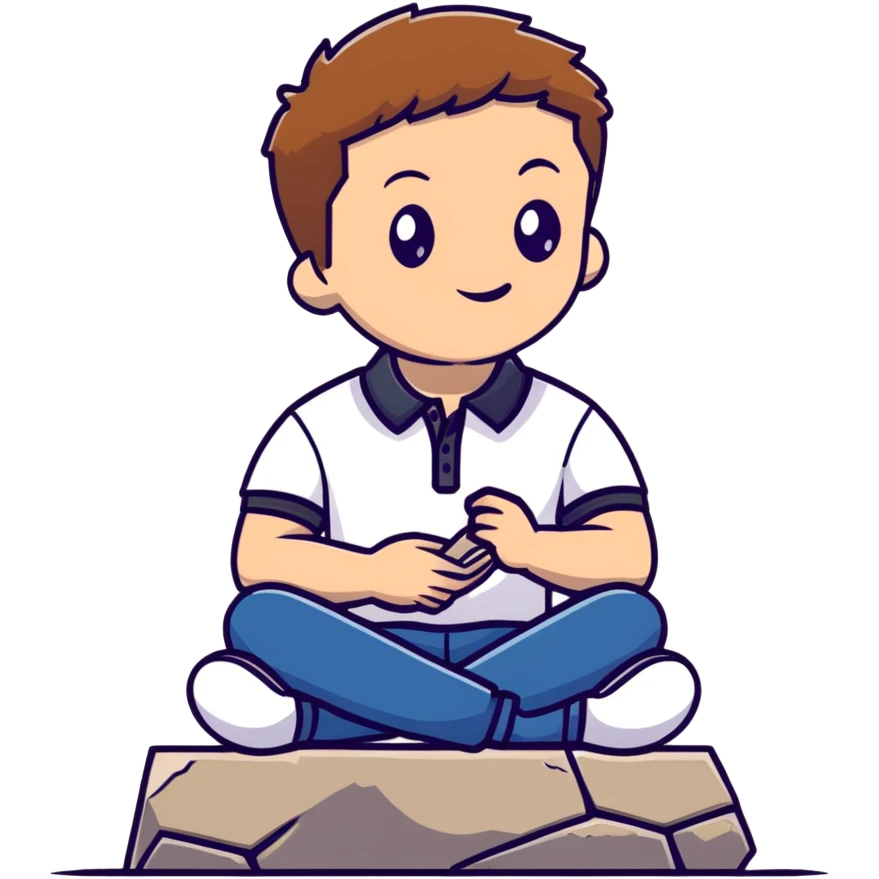 Young man with light skin and short brown hair sitting on stone steps, wearing white polo shirt with blue details and jeans emoji