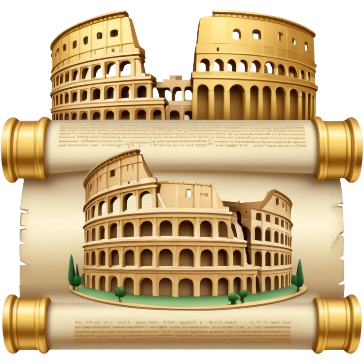 An icon featuring an ancient scroll, surrounded by famous historical landmarks and statues of notable figures, like the Colosseum or Napoleon. The design symbolizes the exploration of history through monuments and people. Transparent background highlights the pas emoji