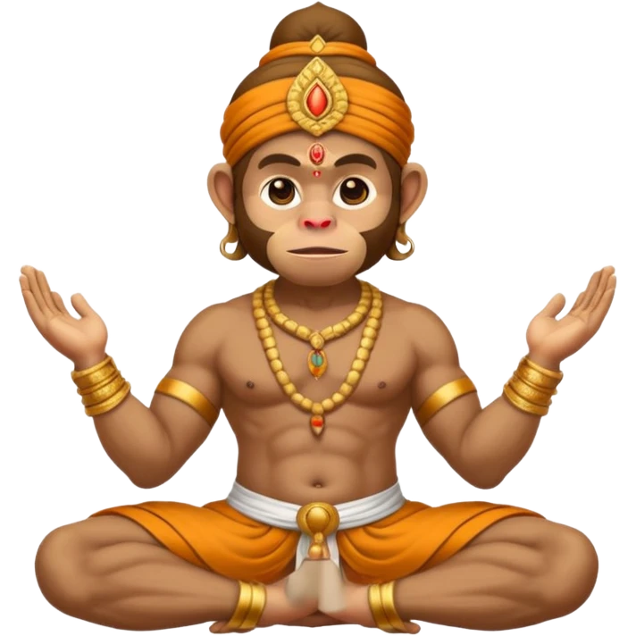 Hanuman ji monkey face hunk build body having mukut and dhoti and should be seated in pease to pray Ramji emoji