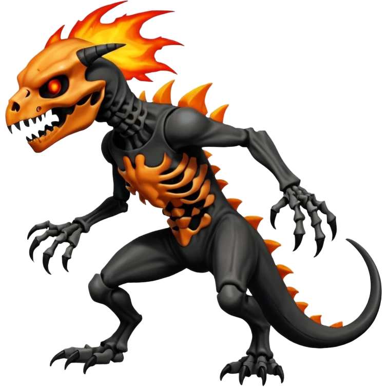Oily smooth glossy evil sharp edgy badass skeletal fiery skull-faced skull-masked Charmeleon-Zeraora-Salandit-fusion, full body emoji