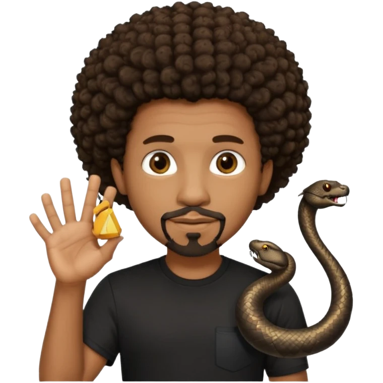 Homme noir, yeux marron avec un bouc sans la moustache, cheveux court et bouclé crépus avec un dégradé sur le côté, avec un cobra à côté , t-shirt noir  emoji