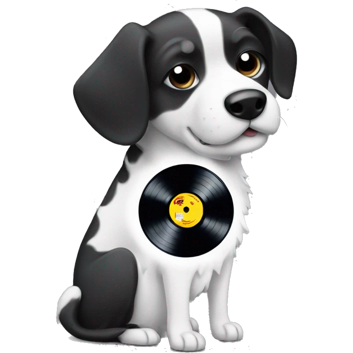 Black and white dog holding vinyl record  emoji