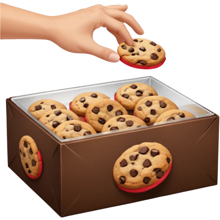 a hand taking a package from a transparent box of cookies emoji