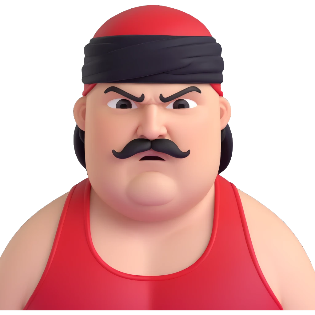 Close-up of extremely fat white skin guy with young face, prominent BLACK DURAG tied clearly on head, distinct black beard and mustache, no muscle, black eyes in a red and black wrestling singlet with angry face emoji