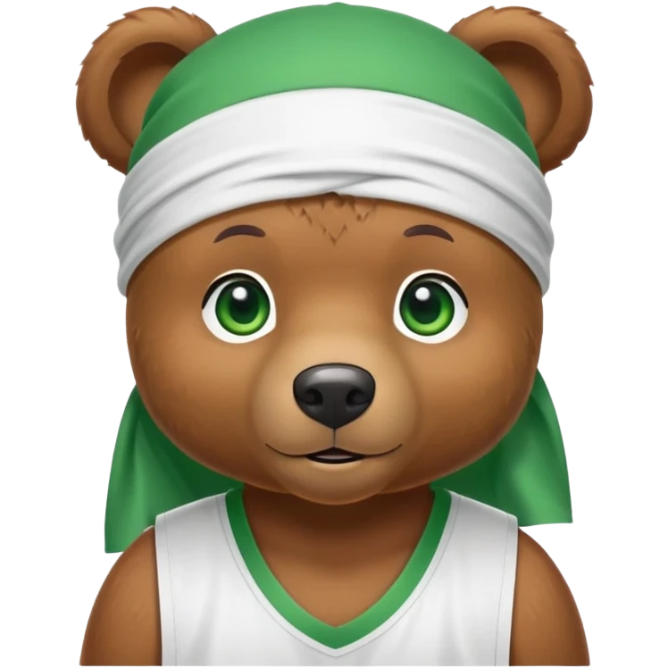 Cute brown bear with green eyes wearing a white durag and a basketball jersey visible only up to the shoulders, iOS emoji style emoji