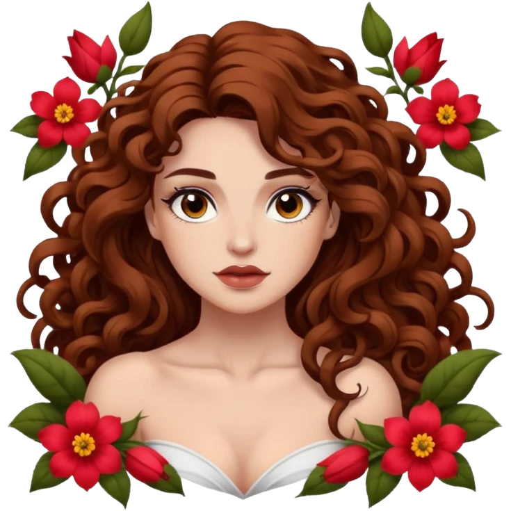 portrait woman long curly brown hair brown eyes white skin tattoos muscular build inside flower petals frame emoji