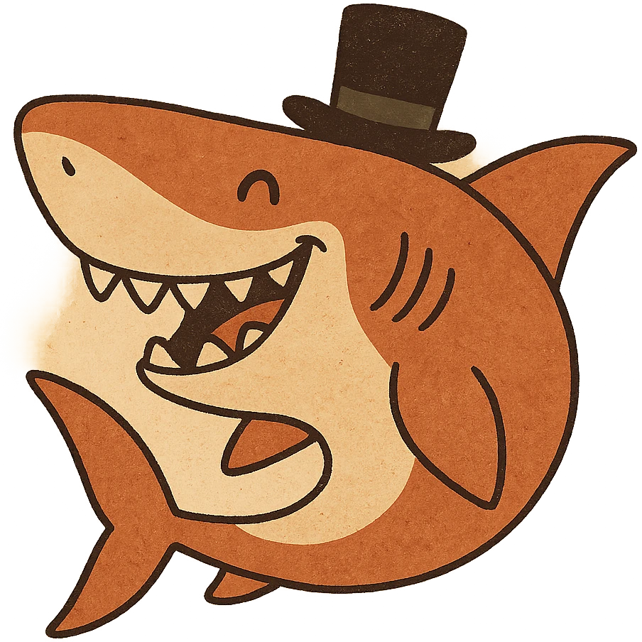 a fun and expressive shark wearing a top hat, cartoon style, whimsical, playful, colorful, bold lines emoji