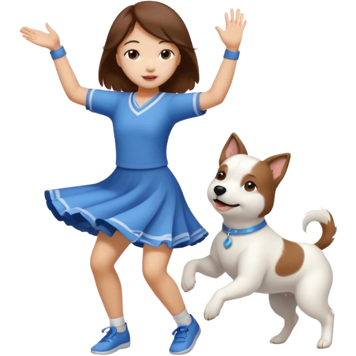 an asian girl dance with an white dog emoji