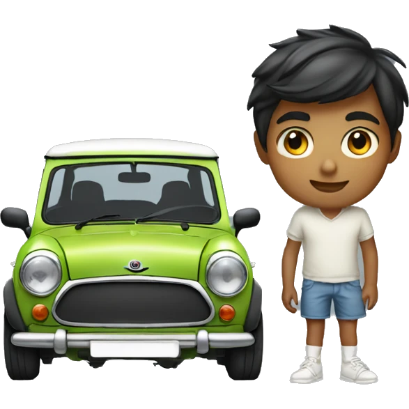 slender indian boy on shorts standing next to a mini cooper emoji