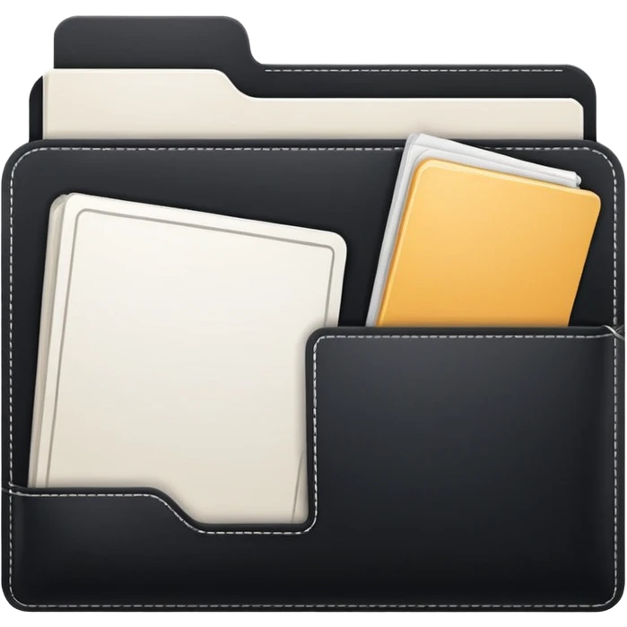 small cute black folder icon, slightly open at the top, multiple pockets or sections visible, white label area on the front with the word 'Titles', no handwriting emoji