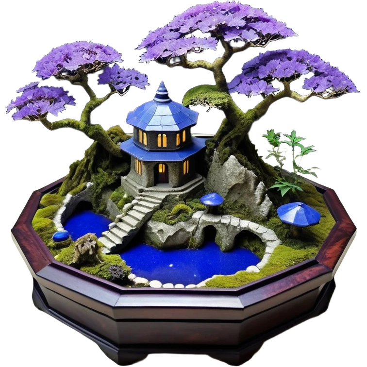  Ancient saucer-castle-house jungle winding trail mountainside getaway haunted nighttime landscape antique mudman very old broken cracked intricately detailed Stone Age lapis-crusted irregular dodecagon-shaped shallow dark moss rough bark violet flowered maple bonsai Saikei coffee table-sized pot  emoji