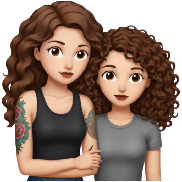 whisper plan — long wavy brown hair tattooed woman and short tight curly brown hair woman — leaning close plotting emoji