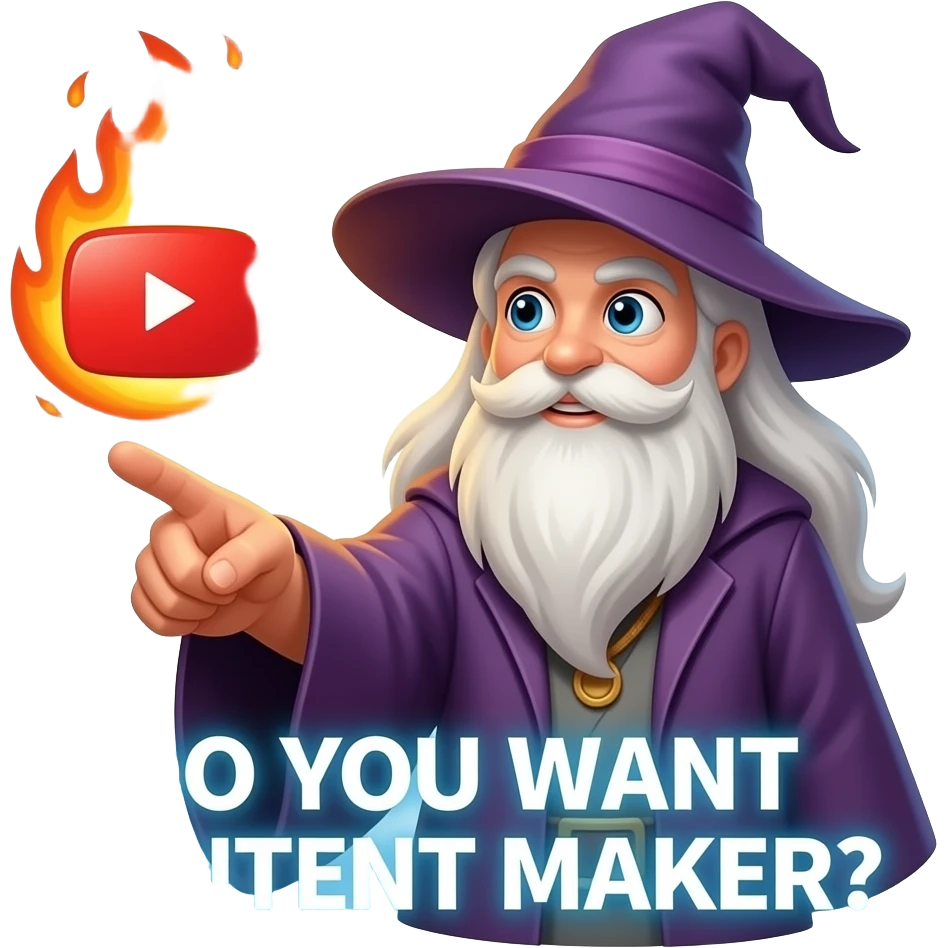 A wizard’s hand holding a glowing and looking at viewer, magical YouTube logo like a fire spell. glowing white text on the bellow: "DO YOU WANT CONTENT MAKER?" High fantasy, mystical particles, clean, sticker style emoji