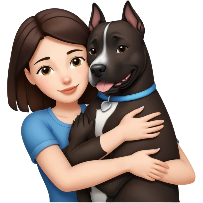 Brunette hugging happy big black amstaff dog emoji