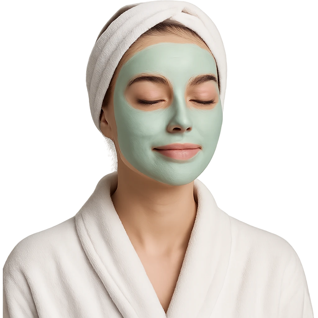 girl in a robe with a green skincare face mask, relaxed expression, simple background emoji