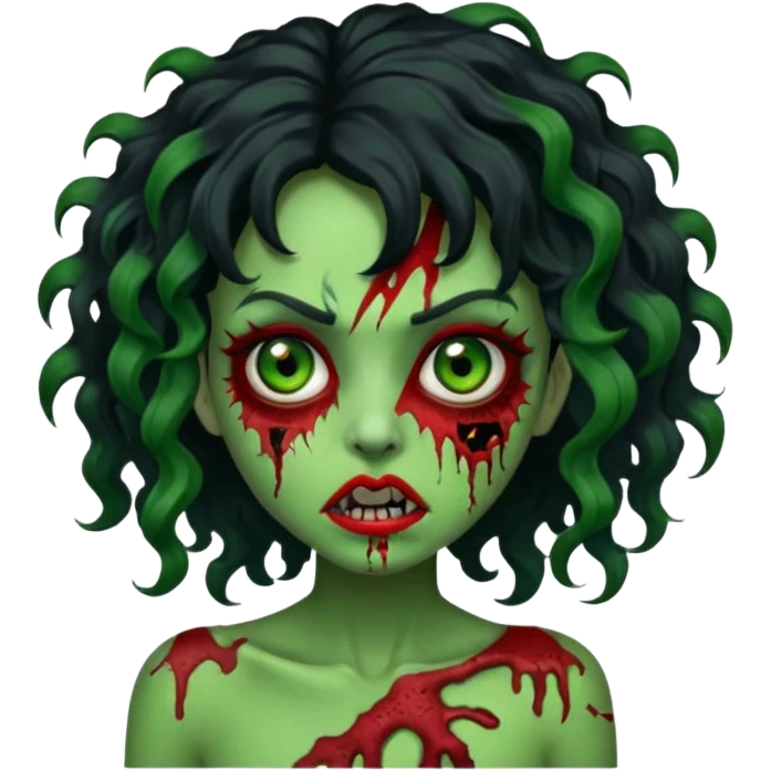 uma mulher com cabelos pretos e mechas vermelhas, cabelos encaracolados, e ela é um zumbi verde com olhos arregalados e marcas de mordidas e machucados pelo corpo  emoji