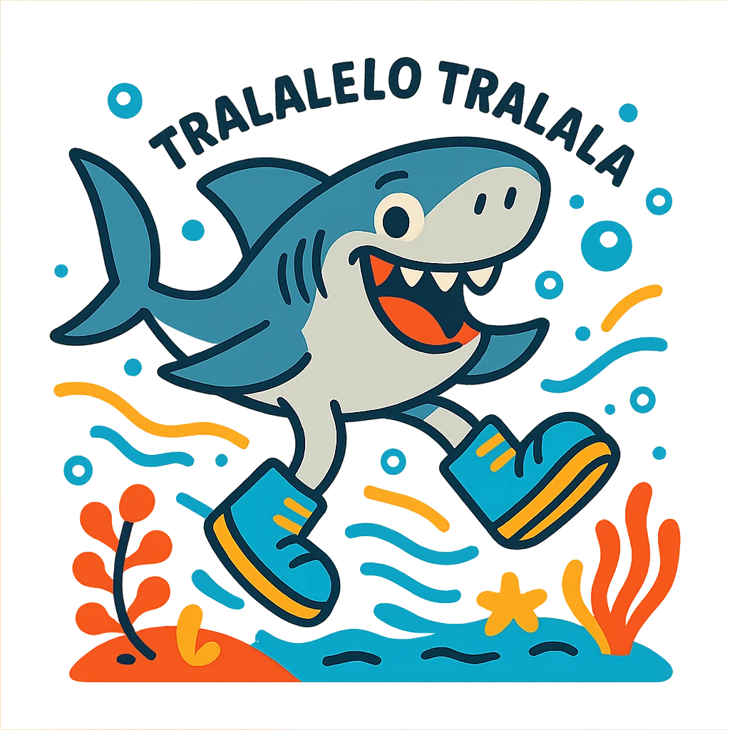 a whimsical shark named Tralalelo Tralala wearing bright blue shoes, sliding joyfully through the sea, playful cartoon style, vibrant colors, fun and energetic mood emoji