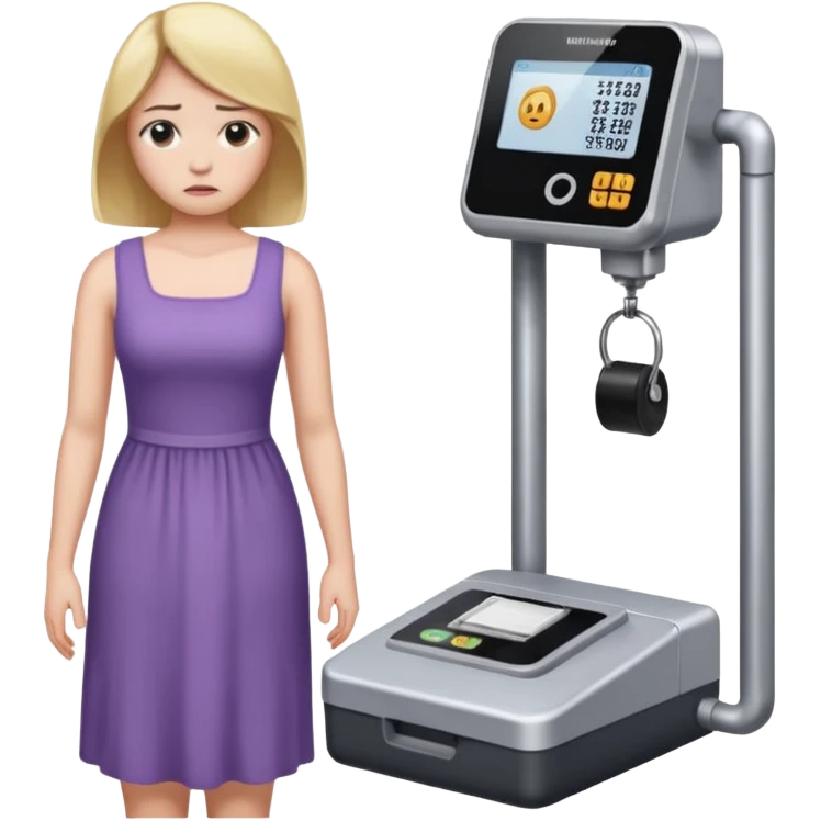 women is standing on weight check machine and she is sad because his weight is not ganaing showing weight also emoji