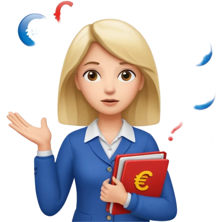 A confused female kindergardenteacher shrugging shoulders with euro symbols and documents floating around. emoji
