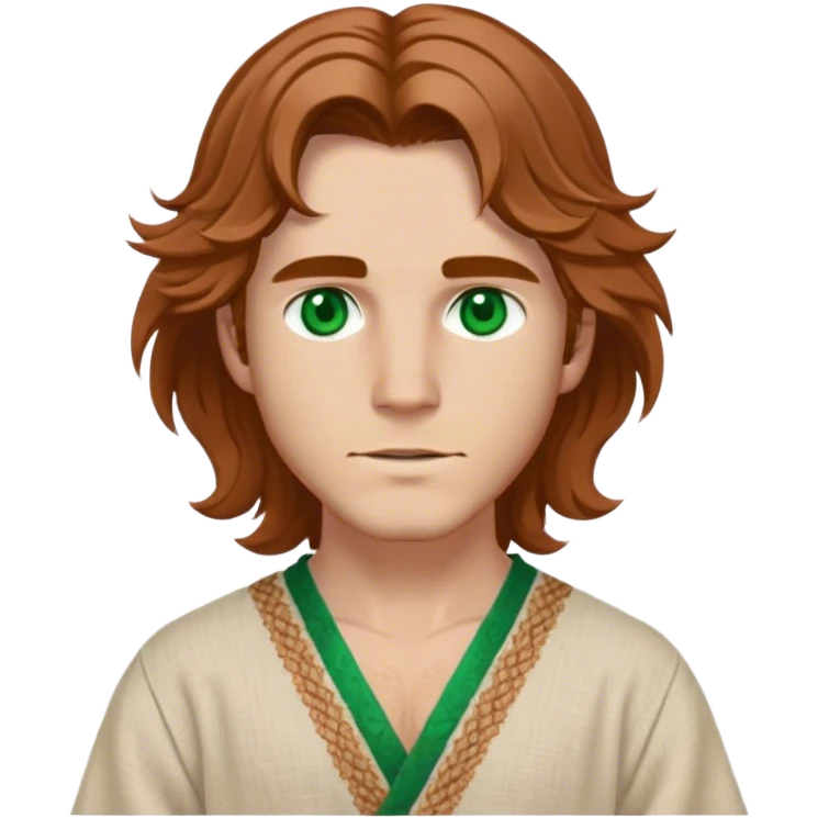 Medieval spring outfit worn by a DnD themed fantasy male character. Light beige linen tunic with embroidered edges, cinched with a woven hemp belt at the waist. Clothes only above the waist, full waist coverage. The character has no arms. Character is white-skinned with copper-brown hair, emerald green eyes, and chin-length wavy hair styled loosely. emoji