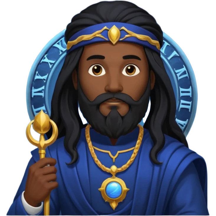 Saturn, Time God from Rome Mythology with long black hair and beard, black and dark blue outfit emoji