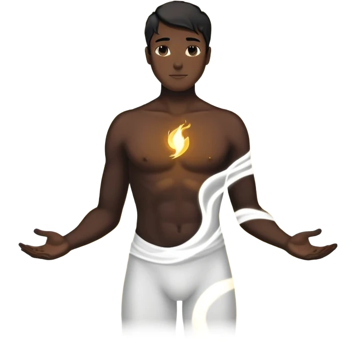 minimalist dark male silhouette with flowing black-and-white curves across the lower body, now overlaid with a small, softly glowing spark or radiant light near the chest or head — symbolizing inspiration, inner fire, and creative energy awakening” emoji