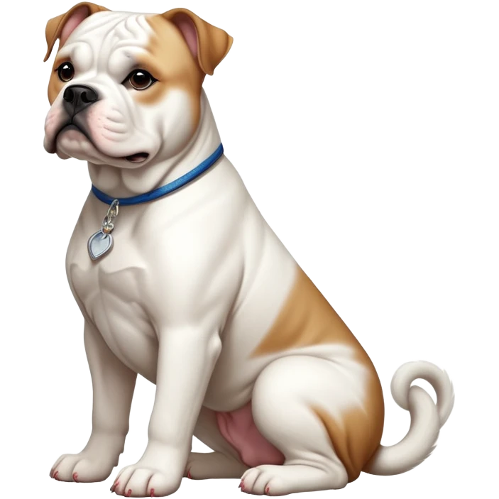 cinematic-[american bulldog]-realistic-full-body-sitting-emoji,-tail-resting-loosely-beside-its-paws,-head-tilted-dramatically,-sleek-[solid white]-fur,-simplified-yet-realistic-focused-features,-highly-detailed,-glowing-with-an-almost-sarcastic-glow emoji