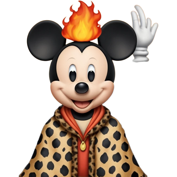 a mickey mouse wearing ancient animal skin cloth with volcano behind, half body, icon emoji