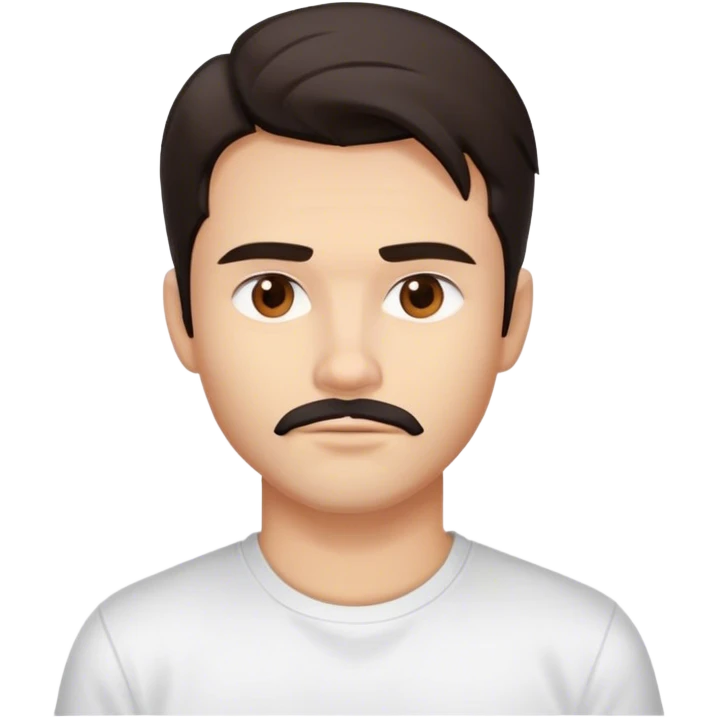 The person has a medium complexion, slightly tousled dark hair, well-defined facial features with a strong jawline, light facial hair, full lips, and a neutral expression. They are wearing a white T-shirt against a plain background.
 emoji