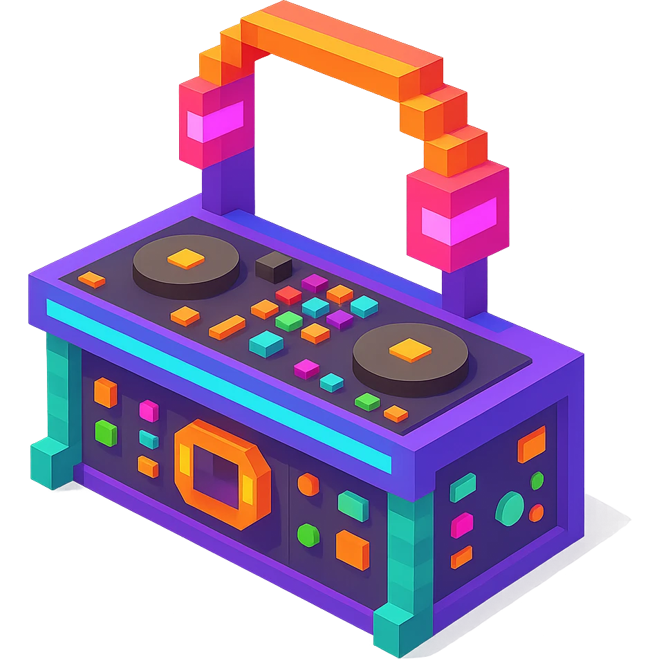 DJ booth with vibrant neon lights, glowing buttons, and a futuristic design emoji
