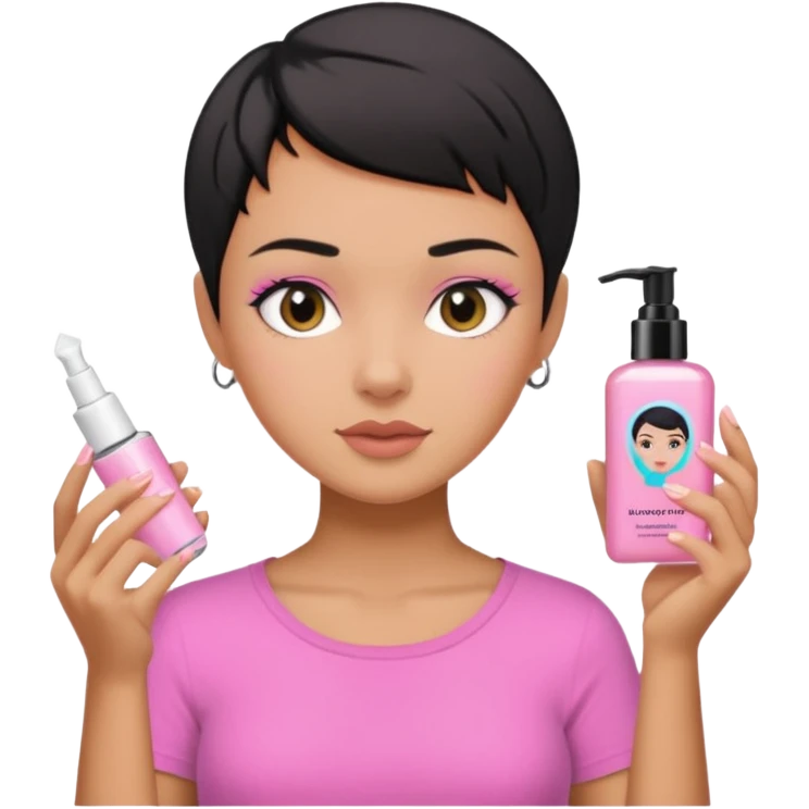tan girl pink shirt with black hair & a pixie, doing her skin care emoji