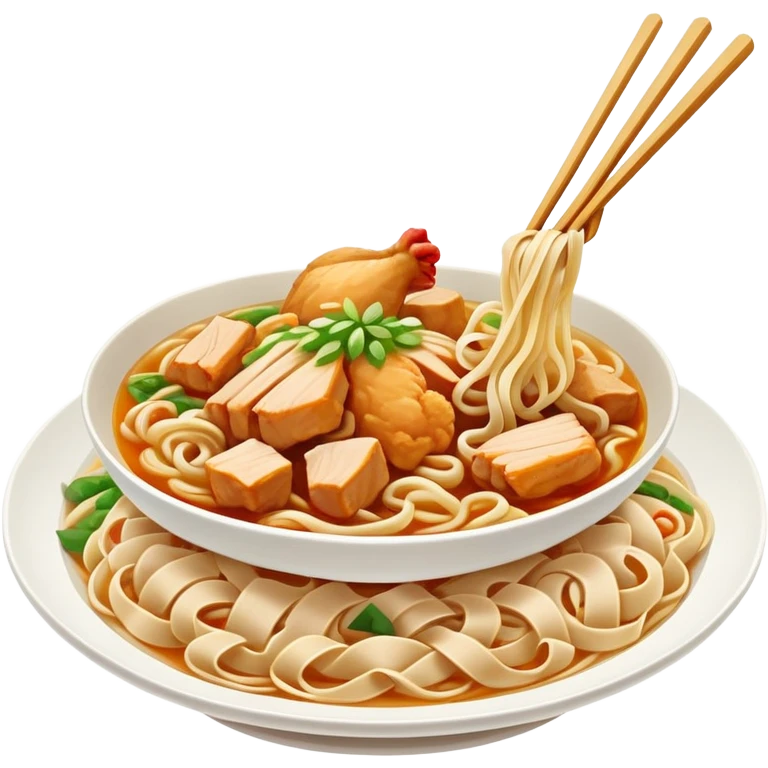 Xinjiang Big Plate Chicken Noodles with wide hand-pulled noodles and chicken chunks, simplified emoji style with bold outlines and bright colors, cartoon style Da Pan Ji with noodles emoji
