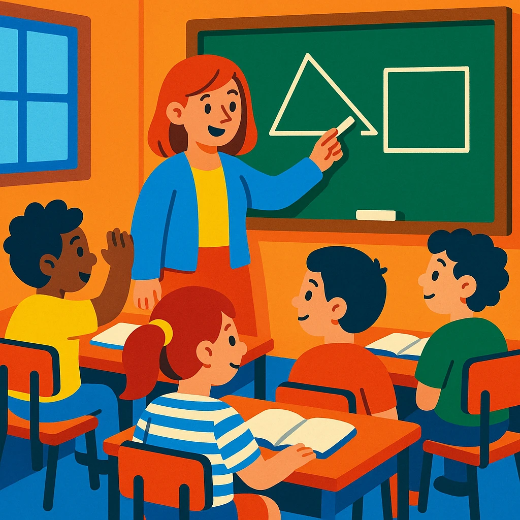 students in a classroom, teacher drawing triangle and square on the board, colorful, cartoon style emoji
