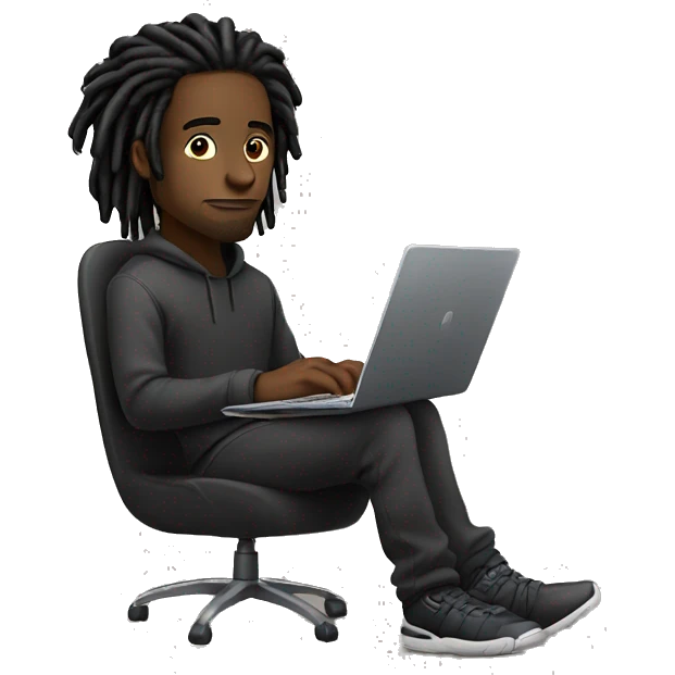 Black-guy-with-dreads-wearing-black-trackstuit-sitting-down-on-chair facing-foward-focused-on-laptop-computer- emoji