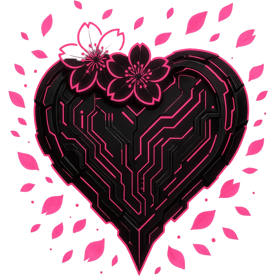 goth sakura heart, cyberpunk style, neon pink and black, glowing sakura petals, futuristic and edgy emoji