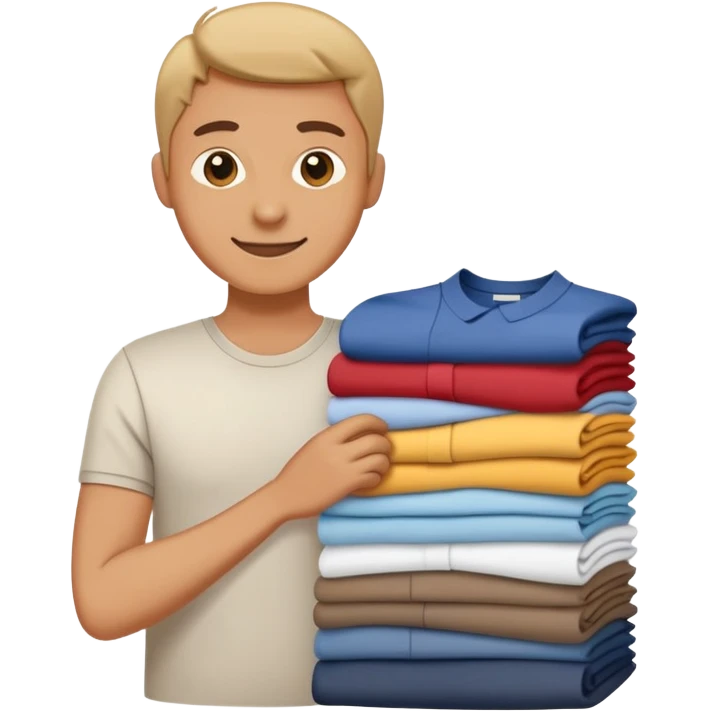 person folding clothes, neat stack of shirts, cheerful and tidy emoji