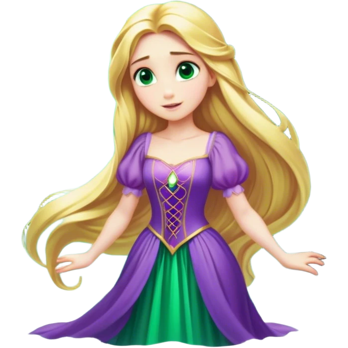 Cinematic Stunning Rapunzel Portrait Emoji, Golden hair cascading in a luminous waterfall, big emerald-green eyes full of wonder, wearing her iconic purple gown, radiating beauty and magic, glowing with fairy-tale charm! emoji