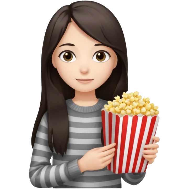girl with dark brown straight long hair, striped light sweater, gray eyes, holding popcorn in her hands emoji