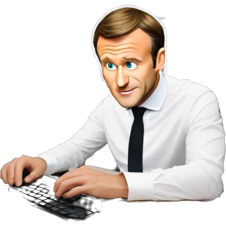 emmanuel macron en train de travailler dans un bureau sur un ordinateur emoji