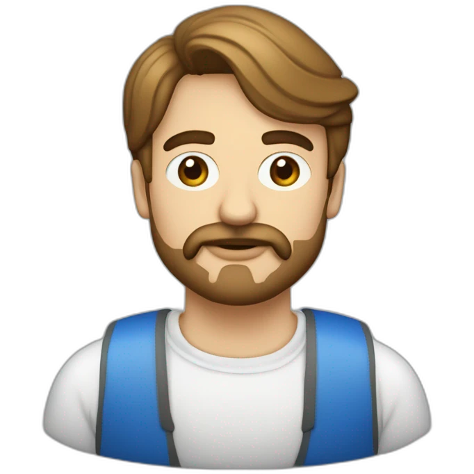 Arquitecto de 30 años residente de obra. Casco blanco chaleco azul. Ojos grandes cejas pobladas. labios gruesos. Sin bigote ni barba emoji