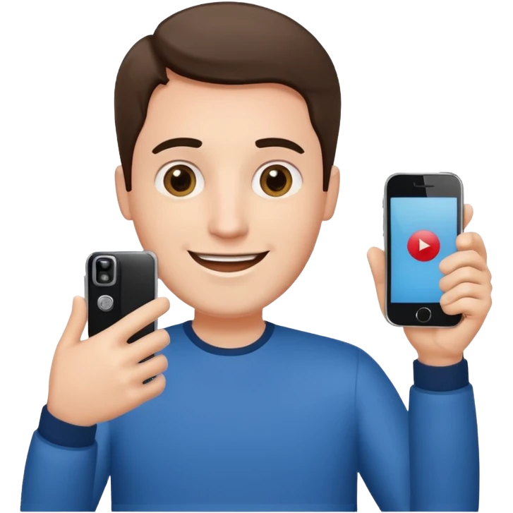 happy man hold a phone with your hand, showing a camera app open and another hand hold a phone without camera app open emoji