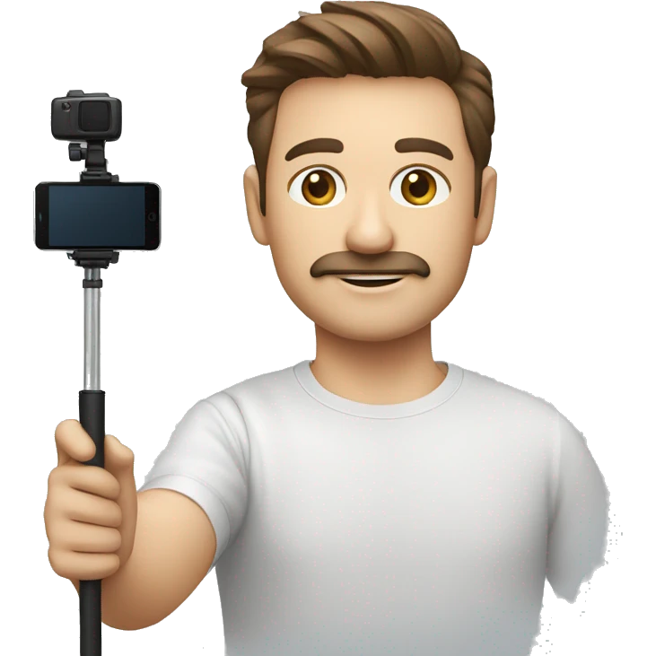 man brown hair, light skin, fine mustache, round face, cameraman with mobile phone and selfie stick. emoji
