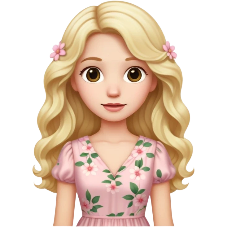 White skin lady with blonde long wavy hair whit a light pink cute flowered dress  emoji
